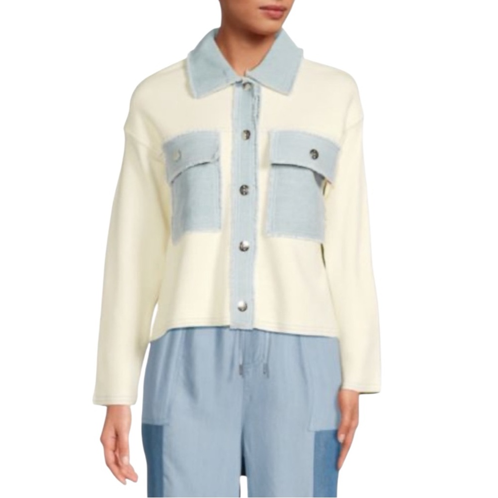 NANETTE LEPORE Oversized Raw Edge Trucker Shacket Jacket in Cream/Blue Size XL
